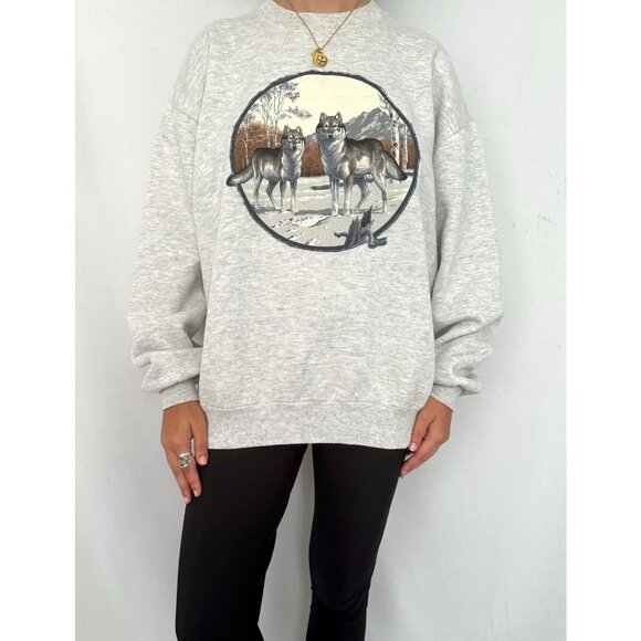 90s vintage grey unisex animal wolf nature graphic crewneck pullover sweater - Picture 1 of 10